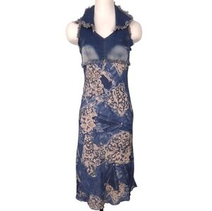 Misdemeanor Y2K 2000s raw hem denim midi halter dress streetwear grunge blue